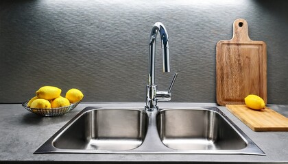 modern kitchen sink with a sleek curved faucet stainless steel and gray concrete wall background with utensils and lemons on the countertop