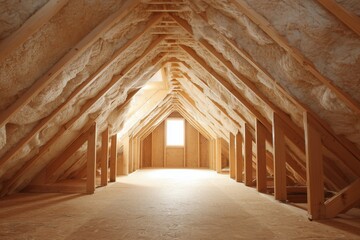 Light floods an empty attic with wooden beams and insulation, highlighting the spacious interior and inviting potential for storage or renovation projects