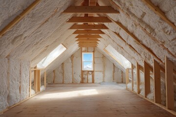 Bright and spacious attic under construction with wide wooden beams and foam insulation in a rural home