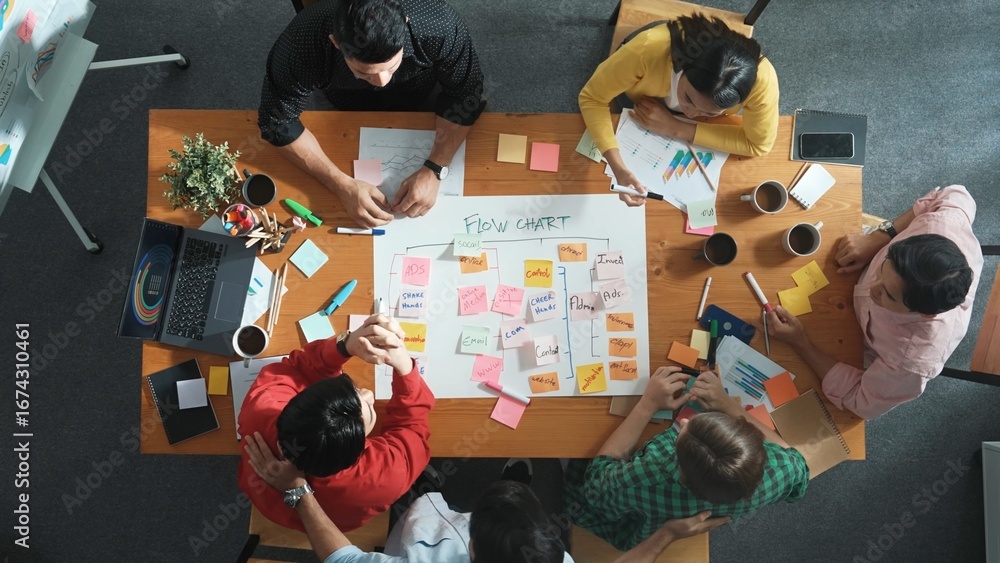 Poster top view of smart business man put scrum board on table at meeting room while marketing team prepari