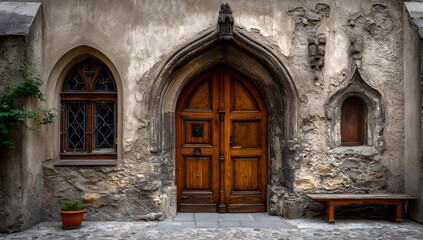 Fototapeta premium Stone entrance with wooden door and gothic window