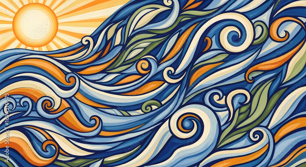 Poster a vivid and rhythmic display of nature's elements rendered in a swirling and captivating design evok