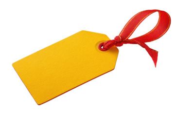 Yellow price tag with red ribbon