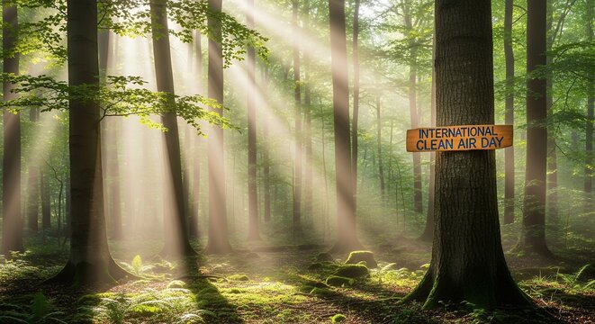 Sunlight streams through a dense forest, illuminating a sign on a tree that reads "International Clean Air Day".