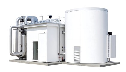 Industrial building with metallic piping and a large cylindrical tank on a concrete pad, isolated