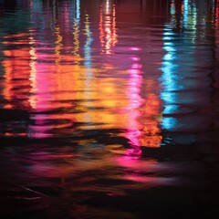 Vibrant reflections of colorful lights on rippled water at night