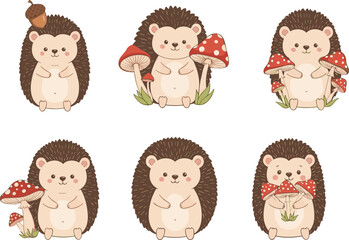 Cute cartoon hedgehog characters with mushrooms, adorable woodland animals, forest creatures illustration, funny hedgehog drawing, kawaii style, nature clipart design