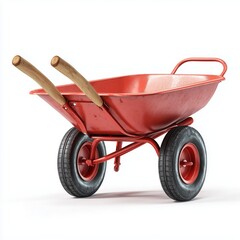 Red wheelbarrow with wooden handles placed on a white background ready for use in gardening or construction projects at any time of the day