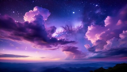 Fototapeta premium a dreamy twilight scene with a purple sky dotted with stars and fluffy clouds creating a surreal atmosphere ideal for fantasy and dream themed designs