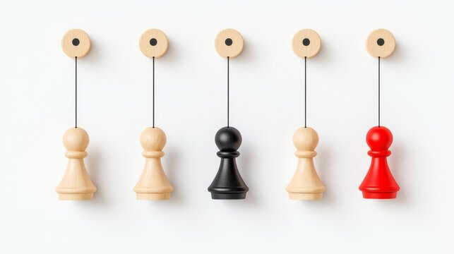Colorful chess pieces on white background, showcasing strategy and creativity in board games.