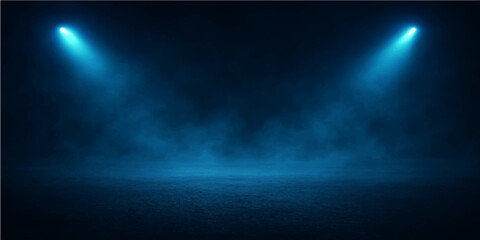 A bright spotlight pierces the blue sky like a star, glowing through the smoke and dark clouds of a night storm