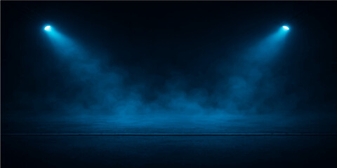 Blue moonlight beams pierce through a smoky, textured cloudscape, casting a bright spotlight on the stage