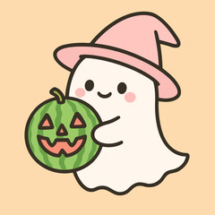 Cute Kawaii Ghost with Watermelon Jack-o-Lantern