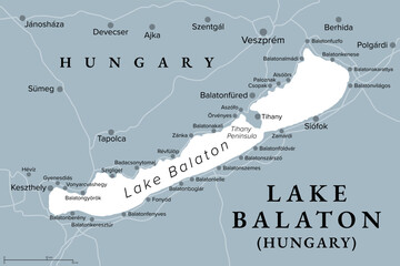 Lake Balaton, gray political map. Freshwater rift lake in the Transdanubian region of Hungary, Europe. Tourist region with many resort towns. Most popular Siofok, Keszthely, Balatonfured and Zamardi.