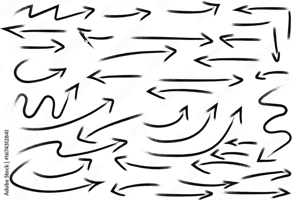 Poster dynamic hand-drawn arrow collection guiding direction and progress in various styles