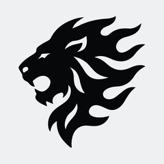 Silhouette Lion head with fire flames mane vector illustration