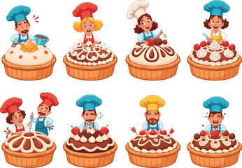 Happy cartoon bakers decorating delicious cakes, pastry chefs with desserts, funny baking characters, sweet bakery illustration, cake design, confectionery art