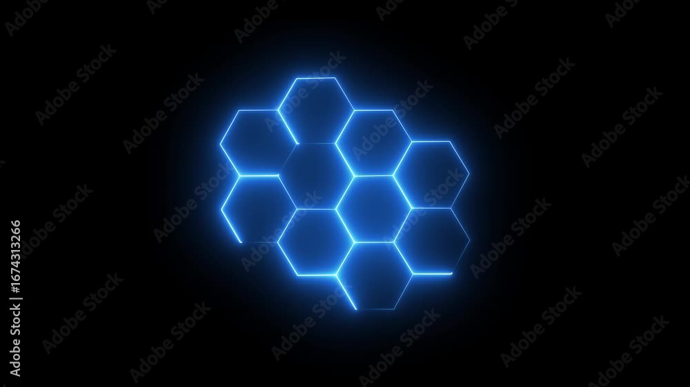 Poster glowing neon light hexagon frame animated on black background. neon hexagon lights glowing on black 