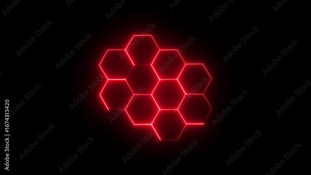 Poster glowing neon light hexagon frame animated on black background. neon hexagon lights glowing on black 