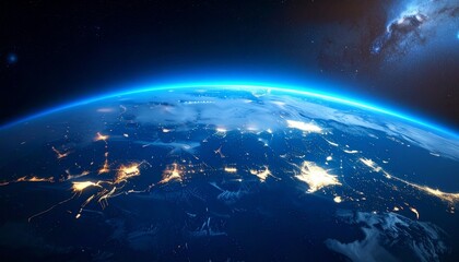 Fototapeta premium Earth at Night: Stunning View of City Lights from Space - preservation of the ozone layer