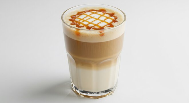   This translates roughly to: "Warm light shining caramel latte, smooth froth beautiful layers". AI Generated