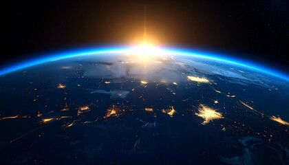 Fototapeta premium Earth from Space: Sunrise over City Lights