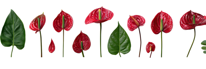 Red Anthurium flowers and leaves on a black background