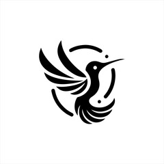 Stylized black hummingbird logo design with circular elements