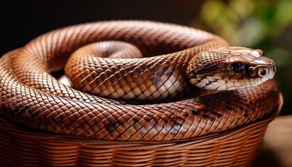 Fototapeta premium a beautifully coiled snake resting in a woven basket showcasing its intricate scales and sleek body