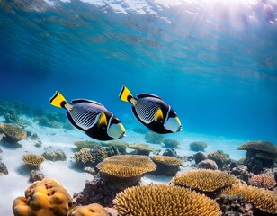a pair of clown triggerfish with striking black white and yellow patterns swimming in clear waters