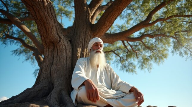An elderly man with a white beard turban sits meditating under a large gnarled tree against a clear blue sky - Powered by Adobe