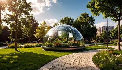 Fototapeta premium Modern Glass Greenhouse in a Lush City Park