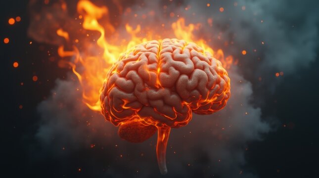 Burning human brain exploding with fire and smoke
