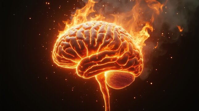 Burning human brain exploding with fire and smoke
