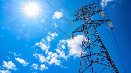 Glowing power lines and electricity transmission towers against a bright blue sky energy theme