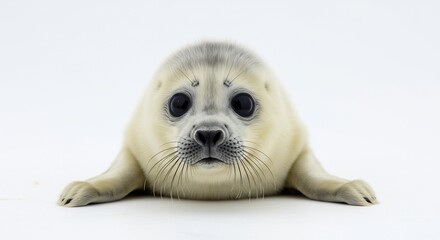    (Airashii ko azaraashi shiroi haikeide kagayaku hitomi kawaii) This translates roughly to: "Adorable baby seal, shining eyes against a white background, cute". AI Generated