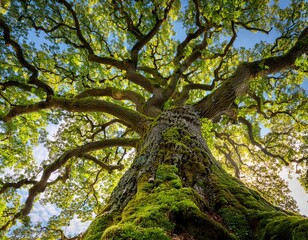 a majestic oak tree seen from the base its thick trunk covered in moss and reaching up into a canopy of vibrant green leaves the branches spread wide against a bright sky