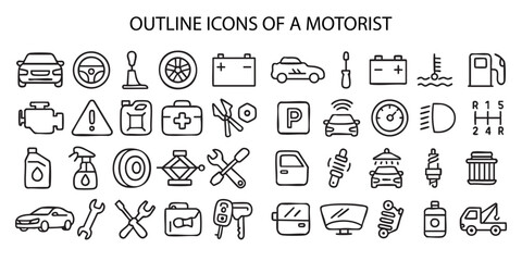 a set of outline icons related to motorists and vehicles. All icons are made in black and white with thin lines.