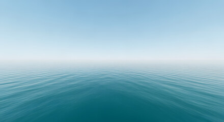 Fototapeta premium Expansive seascape featuring a tranquil turquoise ocean merging seamlessly with a serene, pale blue sky, evoking feelings of calm and vastness where the horizon line vanishes into the atmosphere