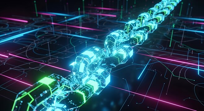 Blockchain digital chain glowing in cyberspace with futuristic lighting