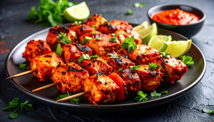 Fototapeta premium Spicy chicken kabab, with a tangy marinade. AI
