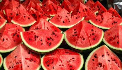 Close-up view of many sliced watermelons