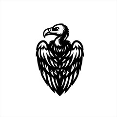 Stylized black vulture bird emblem on white background