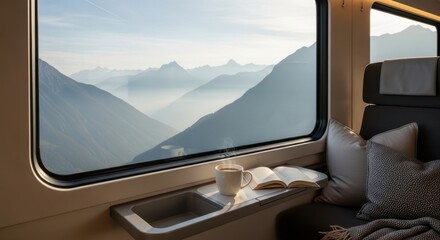Fototapeta premium Scenic mountain view from a train window with a book and coffee on the table