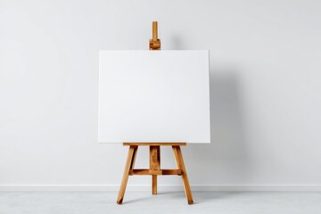 Blank white canvas on an easel on a wooden stand, a mock-up on a neutral background. Empty space for text or design. Web banner. Landscape artist easel painter, stand, frame. Sign Painting Mockup