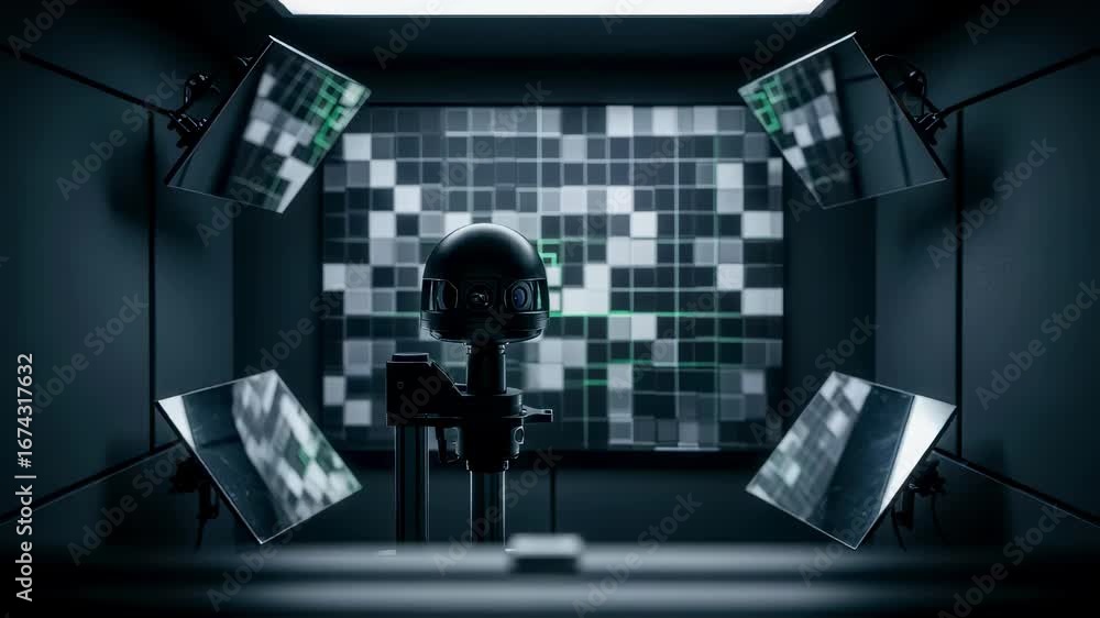 Poster autonomous vehicle lidar sensor mounted vertically inside a calibration booth with reference grids a