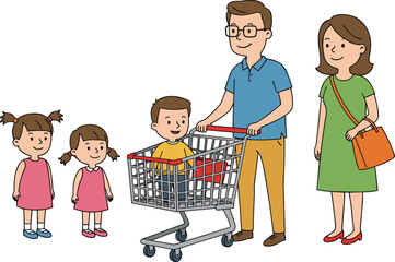 Happy family shopping cartoon vector with parents, children, supermarket trolley, groceries, cute kids, lifestyle illustration, market, store, and basket
