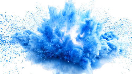 Blue energy blast explosion with glowing particle effects on white background. 