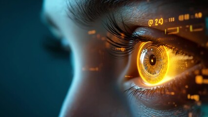 Close-up of human eye with glowing biometric scanning interface and digital yellow data overlay representing futuristic security, AI vision, cyber surveillance, advanced identity authentication tech - Powered by Adobe