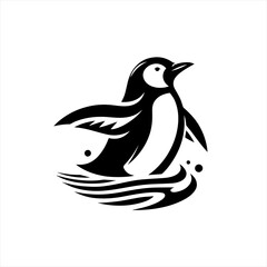 Stylized black and white penguin illustration in water